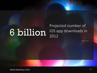 Projected number of iOS app downloads in 2012Source:  Ovum6 billionMobile Marketing in 2012    5