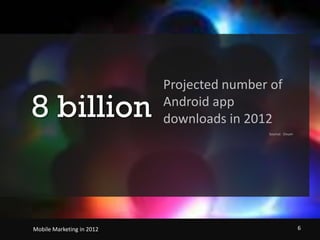 Projected number of Android app downloads in 2012Source:  Ovum8 billionMobile Marketing in 2012    6
