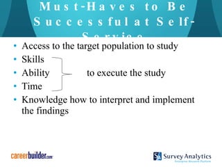 Must-Haves to Be Successful at Self-Service Access to the target population to study Skills Ability  to execute the study Time Knowledge how to interpret and implement the findings 
