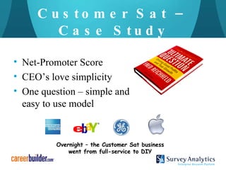 Customer Sat – Case Study Overnight – the Customer Sat business went from full-service to DIY Net-Promoter Score CEO’s love simplicity One question – simple and easy to use model 
