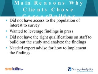 Main Reasons Why Clients Chose CareerBuilder Did not have access to the population of interest to survey Wanted to leverage findings in press Did not have the right qualifications on staff to build out the study and analyze the findings Needed expert advise for how to implement the findings 