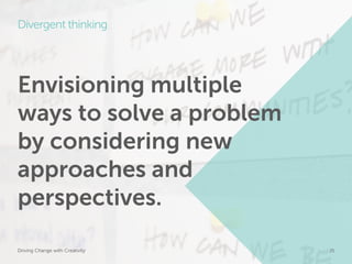 Divergent thinking




Envisioning multiple
ways to solve a problem
by considering new
approaches and
perspectives.

Driving Change with Creativity   Global Marketing   25
 