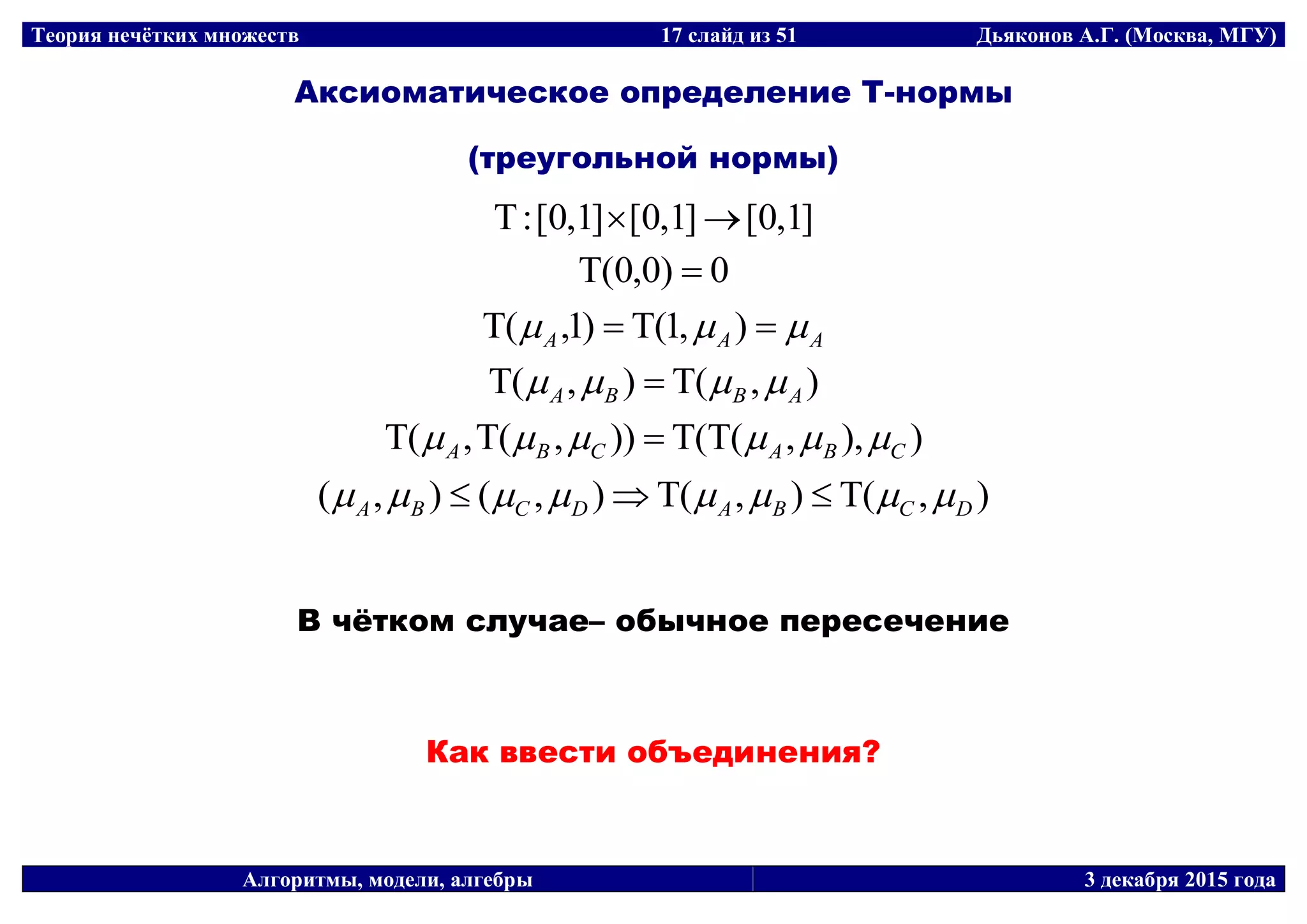 Теория нечётких множеств 17 слайд из 51 Дьяконов А.Г. (Москва, МГУ)
Алгоритмы, модели, алгебры 3 декабря 2015 года
Аксиоматическое определение Т-нормы
(треугольной нормы)
]1,0[]1,0[]1,0[: 
0)0,0( 
AAA   ),1()1,(
),(),( ABBA  
)),,(()),(,( CBACBA  
),(),(),(),( DCBADCBA  
В чётком случае– обычное пересечение
Как ввести объединения?
 