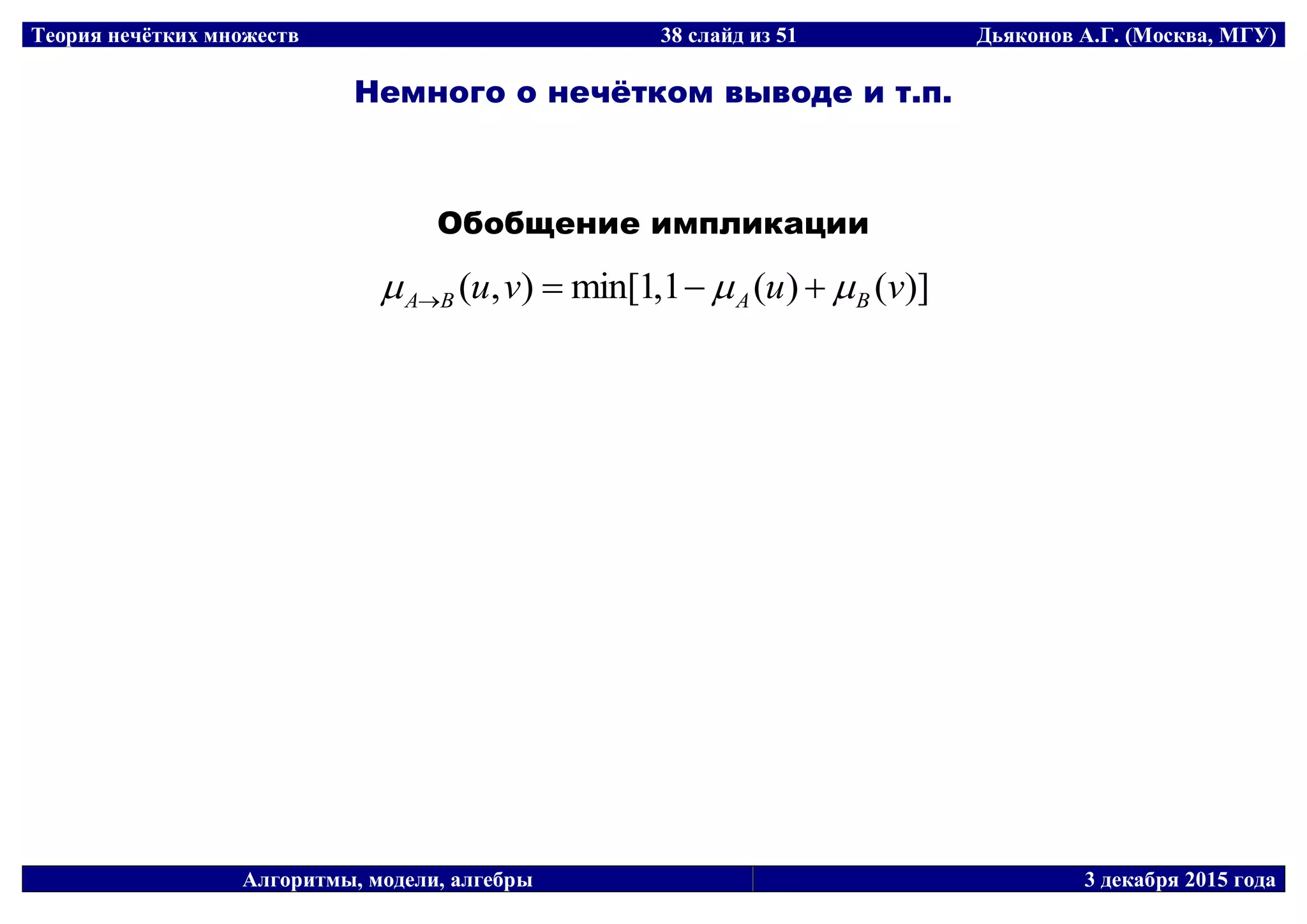 Теория нечётких множеств 38 слайд из 51 Дьяконов А.Г. (Москва, МГУ)
Алгоритмы, модели, алгебры 3 декабря 2015 года
Немного о нечётком выводе и т.п.
Обобщение импликации
)]()(1,1min[),( vuvu BABA  
 