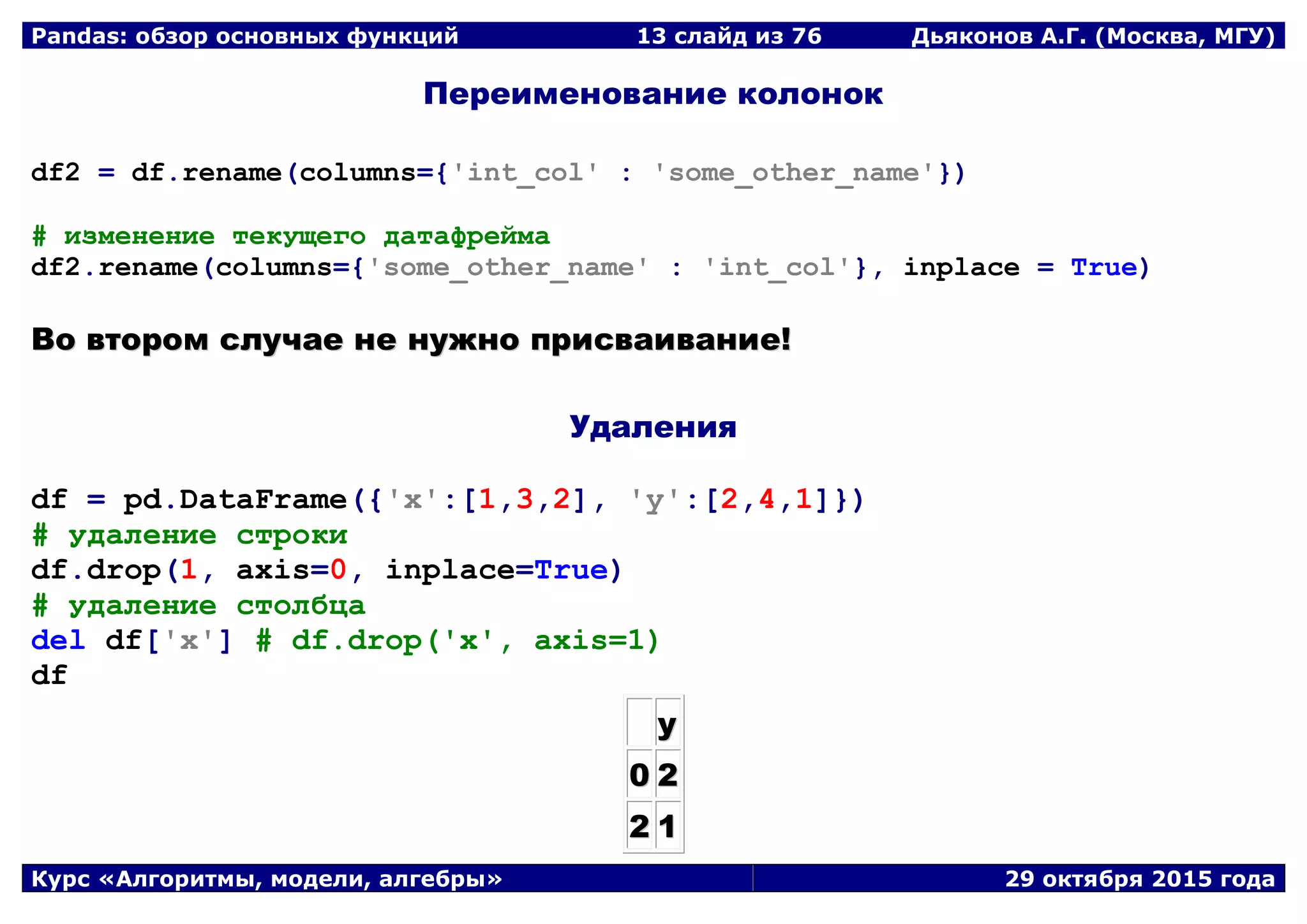 Pandas: обзор основных функций 13 слайд из 69 Дьяконов А.Г. (Москва, МГУ)
Курс «Алгоритмы, модели, алгебры» 29 октября 2015 года
Переименование колонок
df2 = df.rename(columns={'int_col' : 'some_other_name'})
# изменение текущего датафрейма
df2.rename(columns={'some_other_name' : 'int_col'}, inplace = True)
ВВоо ввттоорроомм ссллууччааее ннее ннуужжнноо ппррииссввааииввааннииее!!
Удаления
df = pd.DataFrame({'x':[1,3,2], 'y':[2,4,1]})
# удаление строки
df.drop(1, axis=0, inplace=True)
# удаление столбца
del df['x'] # df.drop('x', axis=1)
df
yy
00 22
22 11
 