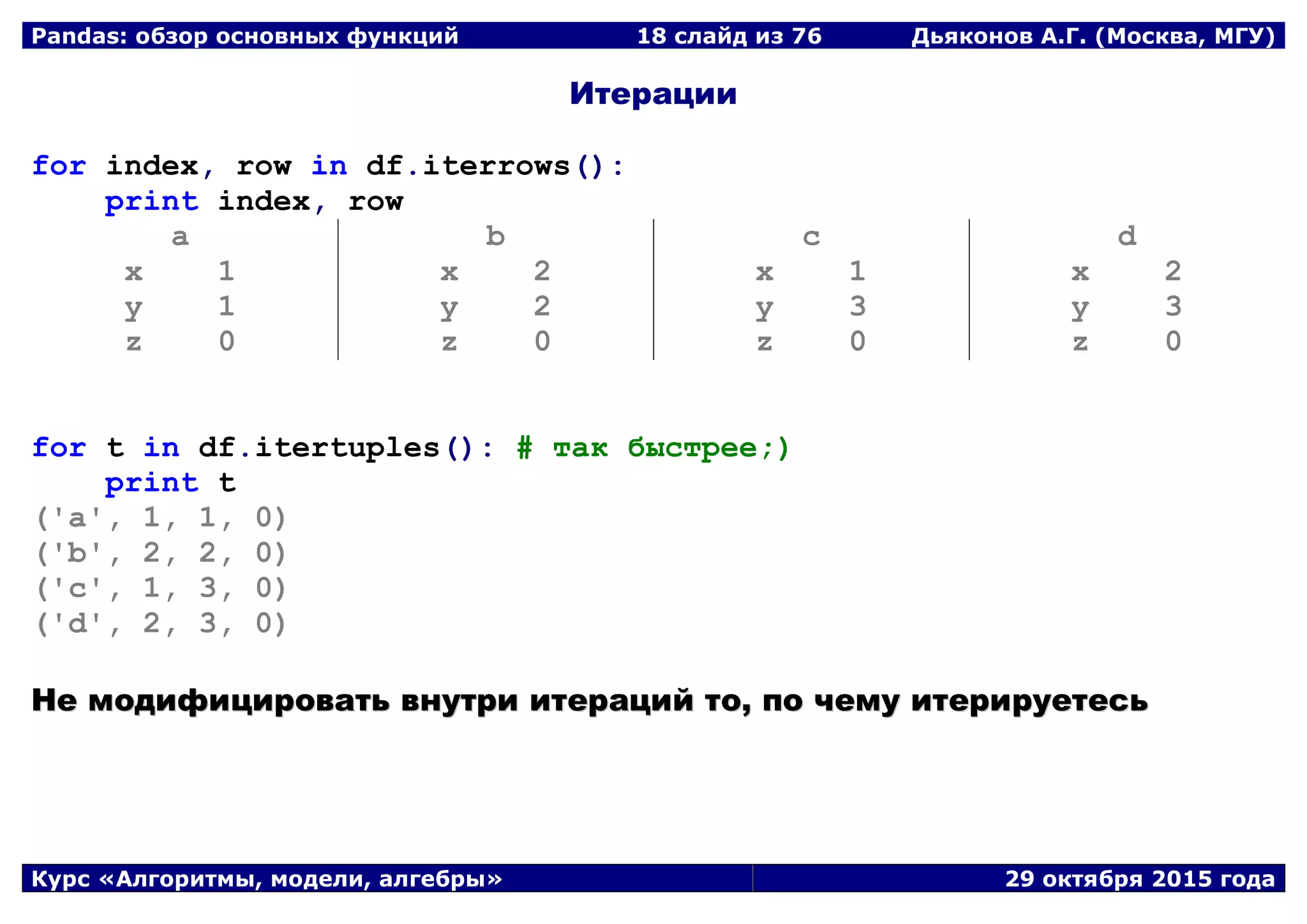 Pandas: обзор основных функций 18 слайд из 69 Дьяконов А.Г. (Москва, МГУ)
Курс «Алгоритмы, модели, алгебры» 29 октября 2015 года
Итерации
for index, row in df.iterrows():
print index, row
a
x 1
y 1
z 0
b
x 2
y 2
z 0
c
x 1
y 3
z 0
d
x 2
y 3
z 0
for t in df.itertuples(): # так быстрее;)
print t
('a', 1, 1, 0)
('b', 2, 2, 0)
('c', 1, 3, 0)
('d', 2, 3, 0)
ННее ммооддииффииццииррооввааттьь ввннууттррии ииттеерраацциийй ттоо,, ппоо ччееммуу ииттееррииррууееттеессьь
 