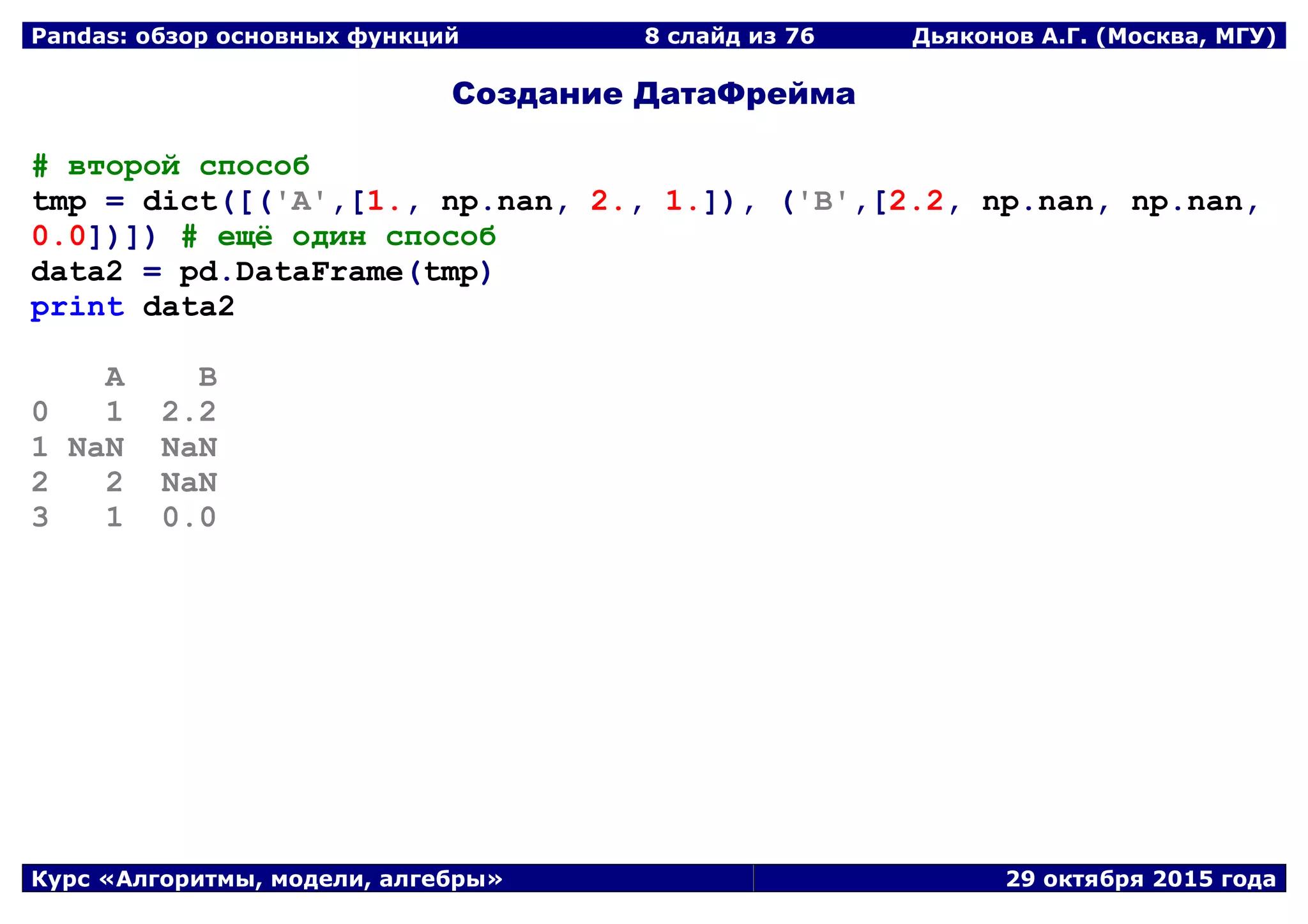 Pandas: обзор основных функций 8 слайд из 69 Дьяконов А.Г. (Москва, МГУ)
Курс «Алгоритмы, модели, алгебры» 29 октября 2015 года
Создание ДатаФрейма
# второй способ
tmp = dict([('A',[1., np.nan, 2., 1.]), ('B',[2.2, np.nan, np.nan,
0.0])]) # ещё один способ
data2 = pd.DataFrame(tmp)
print data2
A B
0 1 2.2
1 NaN NaN
2 2 NaN
3 1 0.0
 