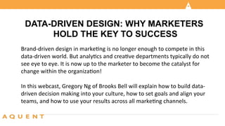 DATA-DRIVEN DESIGN: WHY MARKETERS 
HOLD THE KEY TO SUCCESS 
Brand-­‐driven 
design 
in 
marke/ng 
is 
no 
longer 
enough 
to 
compete 
in 
this 
data-­‐driven 
world. 
But 
analy/cs 
and 
crea/ve 
departments 
typically 
do 
not 
see 
eye 
to 
eye. 
It 
is 
now 
up 
to 
the 
marketer 
to 
become 
the 
catalyst 
for 
change 
within 
the 
organiza/on! 
In 
this 
webcast, 
Gregory 
Ng 
of 
Brooks 
Bell 
will 
explain 
how 
to 
build 
data-­‐ 
driven 
decision 
making 
into 
your 
culture, 
how 
to 
set 
goals 
and 
align 
your 
teams, 
and 
how 
to 
use 
your 
results 
across 
all 
marke/ng 
channels. 
 