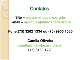 Contatos  Site –  www.mandacaru.org.br E-mail –  [email_address] Fone:(75) 3202 1334 ou (75) 9955 1035 Camila Oliveira [email_address] (75) 8139 1220 