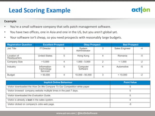 Lead Scoring Example
Example
•     You're a small software company that sells patch management software.
•     You have two offices, one in Asia and one in the US, but you aren't global yet.
•     Your software isn't cheap, so you need prospects with reasonably large budgets.

    Registration Question              Excellent Prospect                  Okay Prospect              Bad Prospect
    Job Title                       IT Director           5            System              3   Sales Engineer        -4
                                                                     Administrator

    Location of                   United States           5           Hong Kong            4     Romania             -5
    Headquarters
    Company Size                     > 5,000              4          1,000 - 5,000         2      < 1,000            -2

    Industry                       Information            5           Computer             4    Automotive           -5
                                   Technology                         Software
                                     Services
    Budget                           > 50,000             4         10,000 - 50,000        3     < 10,000            -2


                                        Implicit Online Behaviour                                      Point Value
    Visitor downloaded the How Do We Compare To Our Competition white paper                                  5
    Visitor browsed company website multiple times in the past 7 days.                                       5

    Visitor downloaded the Evaluation Guide.                                                                 5
    Visitor is already a lead in the sales system.                                                           4
    Visitor clicked on company's Jobs web page.                                                              -5


                                                     www.act-on.com | @ActOnSoftware
 