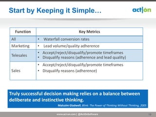 Start by Keeping it Simple…

   Function                              Key Metrics
 All          • Waterfall conversion rates
 Marketing    • Lead volume/quality adherence
              • Accept/reject/disqualify/promote timeframes
 Telesales    • Disqualify reasons (adherence and lead quality)
              • Accept/reject/disqualify/promote timeframes
 Sales        • Disqualify reasons (adherence)




Truly successful decision making relies on a balance between
deliberate and instinctive thinking.
                         Malcolm Gladwell, Blink: The Power of Thinking Without Thinking, 2005

                        www.act-on.com | @ActOnSoftware                                          19
 