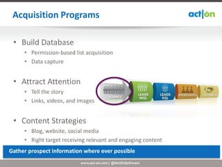 Acquisition Programs

 • Build Database
     • Permission-based list acquisition
     • Data capture


 • Attract Attention
     • Tell the story
     • Links, videos, and images


 • Content Strategies
     • Blog, website, social media
     • Right target receiving relevant and engaging content
Gather prospect information where ever possible
                           www.act-on.com | @ActOnSoftware
 