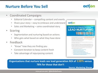 Nurture Before You Sell
• Coordinated Campaigns
   • Editorial Calendar – compelling content and events
   • Share your story – easy to embrace and understand
   • Sales and Marketing – same coordinated story
• Scoring
   • Segmentation and nurturing based on actions
   • Who gets what based on what they have done
• Feedback
   • “Know” how they are finding you
   • Constant iteration to keep content fresh
   • Take advantage of repurposing content


 Organizations that nurture leads see lead generation ROI of 138% versus
                         78% for those that don’t
                                                             Source: Marketing Sherpa
                           www.act-on.com | @ActOnSoftware
 