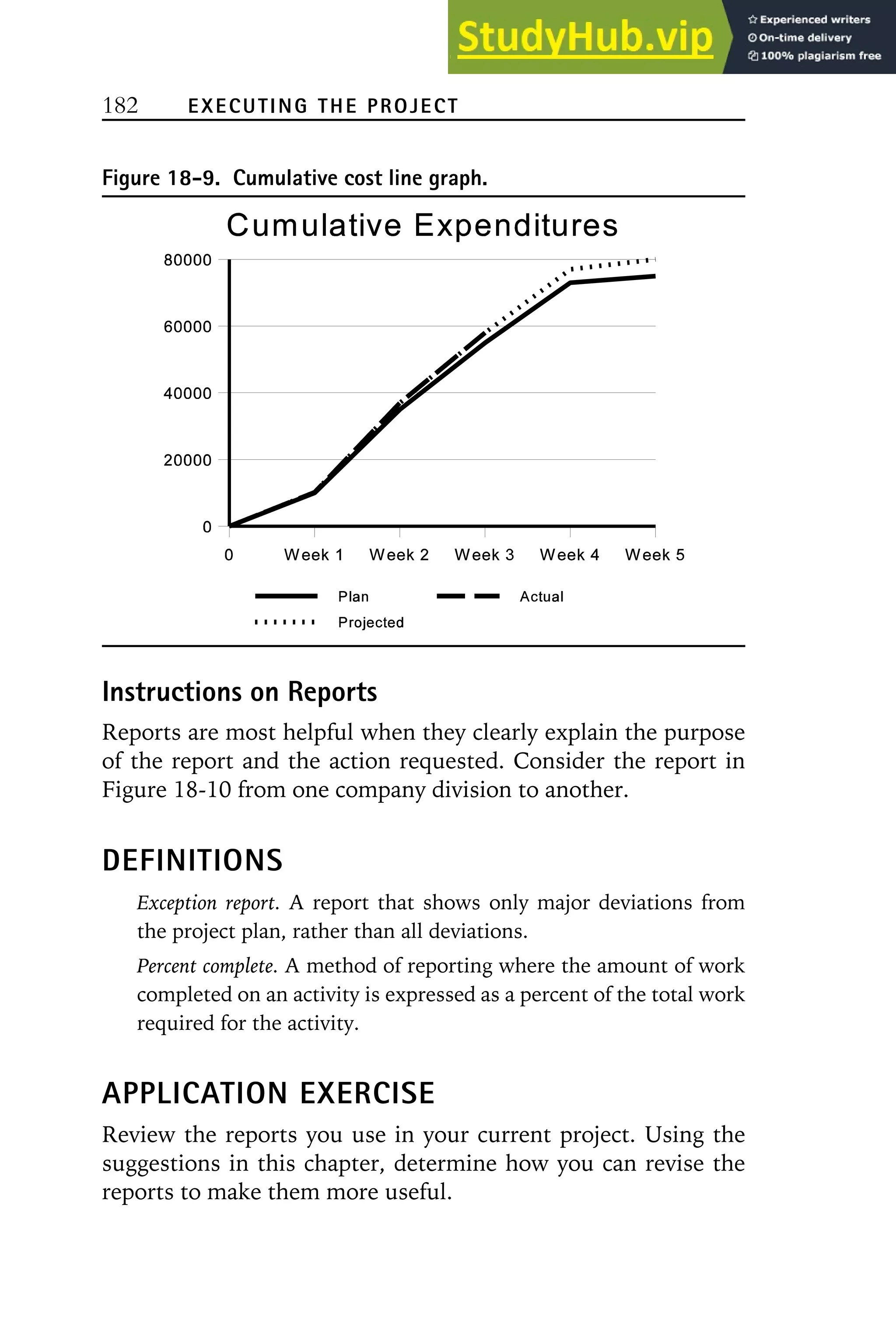 182 EXECUTING THE PROJECT
Figure 18-9. Cumulative cost line graph.
Instructions on Reports
Reports are most helpful when they clearly explain the purpose
of the report and the action requested. Consider the report in
Figure 18-10 from one company division to another.
DEFINITIONS
Exception report. A report that shows only major deviations from
the project plan, rather than all deviations.
Percent complete. A method of reporting where the amount of work
completed on an activity is expressed as a percent of the total work
required for the activity.
APPLICATION EXERCISE
Review the reports you use in your current project. Using the
suggestions in this chapter, determine how you can revise the
reports to make them more useful.
 