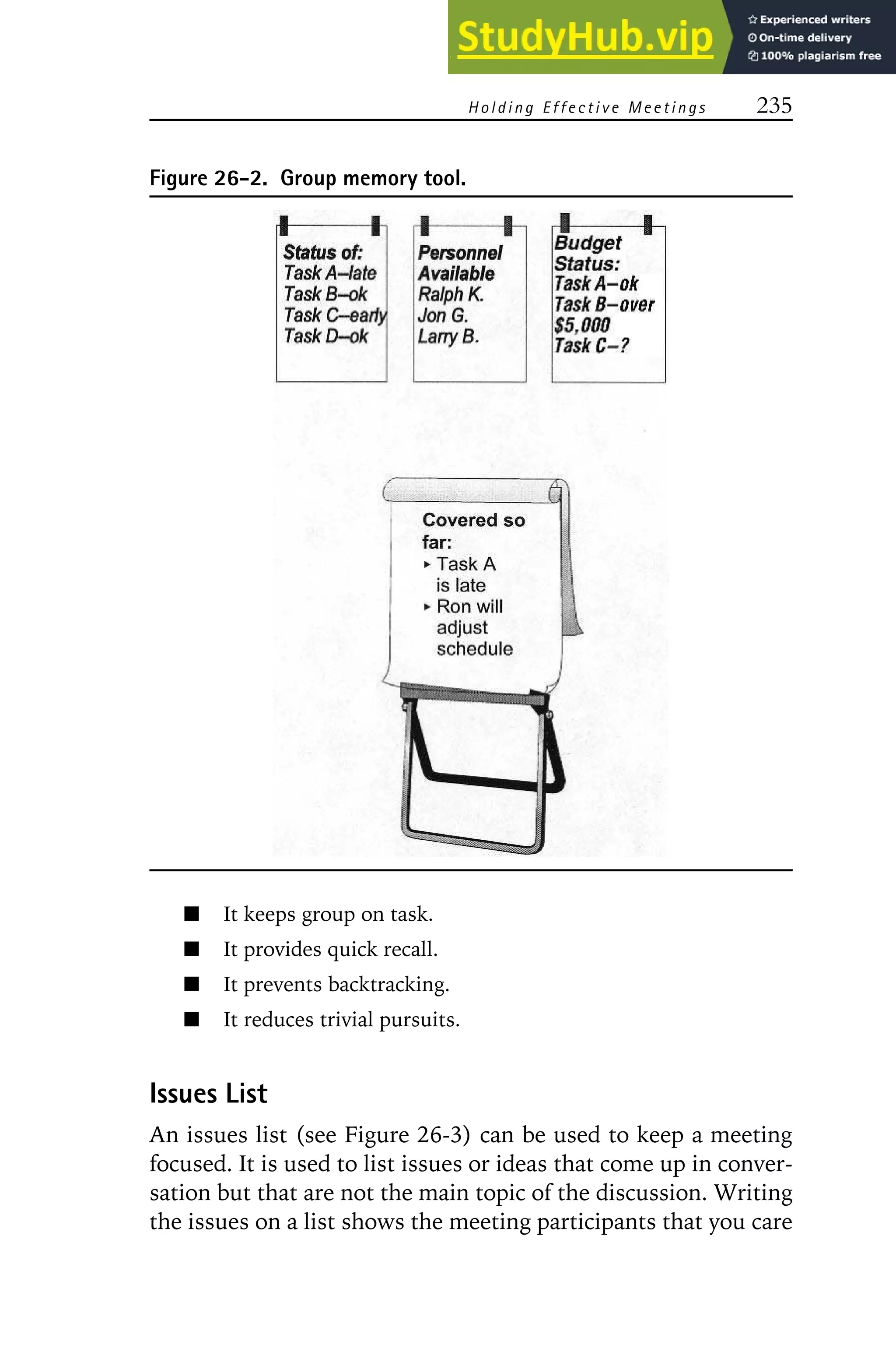 Holding E ffective Meetings 235
Figure 26-2. Group memory tool.
It keeps group on task.
It provides quick recall.
It prevents backtracking.
It reduces trivial pursuits.
Issues List
An issues list (see Figure 26-3) can be used to keep a meeting
focused. It is used to list issues or ideas that come up in conver-
sation but that are not the main topic of the discussion. Writing
the issues on a list shows the meeting participants that you care
 