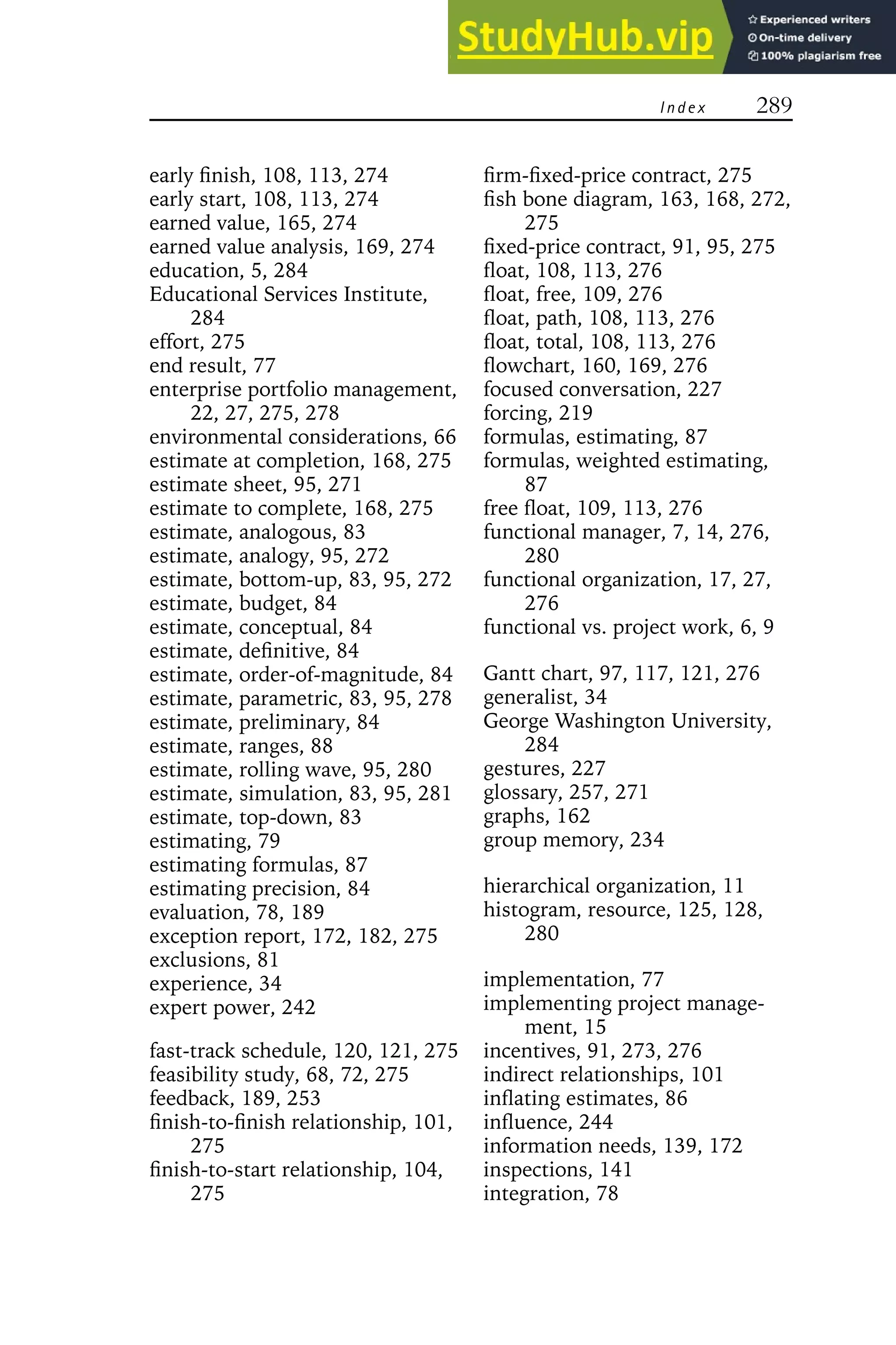 Index 289
early finish, 108, 113, 274
early start, 108, 113, 274
earned value, 165, 274
earned value analysis, 169, 274
education, 5, 284
Educational Services Institute,
284
effort, 275
end result, 77
enterprise portfolio management,
22, 27, 275, 278
environmental considerations, 66
estimate at completion, 168, 275
estimate sheet, 95, 271
estimate to complete, 168, 275
estimate, analogous, 83
estimate, analogy, 95, 272
estimate, bottom-up, 83, 95, 272
estimate, budget, 84
estimate, conceptual, 84
estimate, definitive, 84
estimate, order-of-magnitude, 84
estimate, parametric, 83, 95, 278
estimate, preliminary, 84
estimate, ranges, 88
estimate, rolling wave, 95, 280
estimate, simulation, 83, 95, 281
estimate, top-down, 83
estimating, 79
estimating formulas, 87
estimating precision, 84
evaluation, 78, 189
exception report, 172, 182, 275
exclusions, 81
experience, 34
expert power, 242
fast-track schedule, 120, 121, 275
feasibility study, 68, 72, 275
feedback, 189, 253
finish-to-finish relationship, 101,
275
finish-to-start relationship, 104,
275
firm-fixed-price contract, 275
fish bone diagram, 163, 168, 272,
275
fixed-price contract, 91, 95, 275
float, 108, 113, 276
float, free, 109, 276
float, path, 108, 113, 276
float, total, 108, 113, 276
flowchart, 160, 169, 276
focused conversation, 227
forcing, 219
formulas, estimating, 87
formulas, weighted estimating,
87
free float, 109, 113, 276
functional manager, 7, 14, 276,
280
functional organization, 17, 27,
276
functional vs. project work, 6, 9
Gantt chart, 97, 117, 121, 276
generalist, 34
George Washington University,
284
gestures, 227
glossary, 257, 271
graphs, 162
group memory, 234
hierarchical organization, 11
histogram, resource, 125, 128,
280
implementation, 77
implementing project manage-
ment, 15
incentives, 91, 273, 276
indirect relationships, 101
inflating estimates, 86
influence, 244
information needs, 139, 172
inspections, 141
integration, 78
 