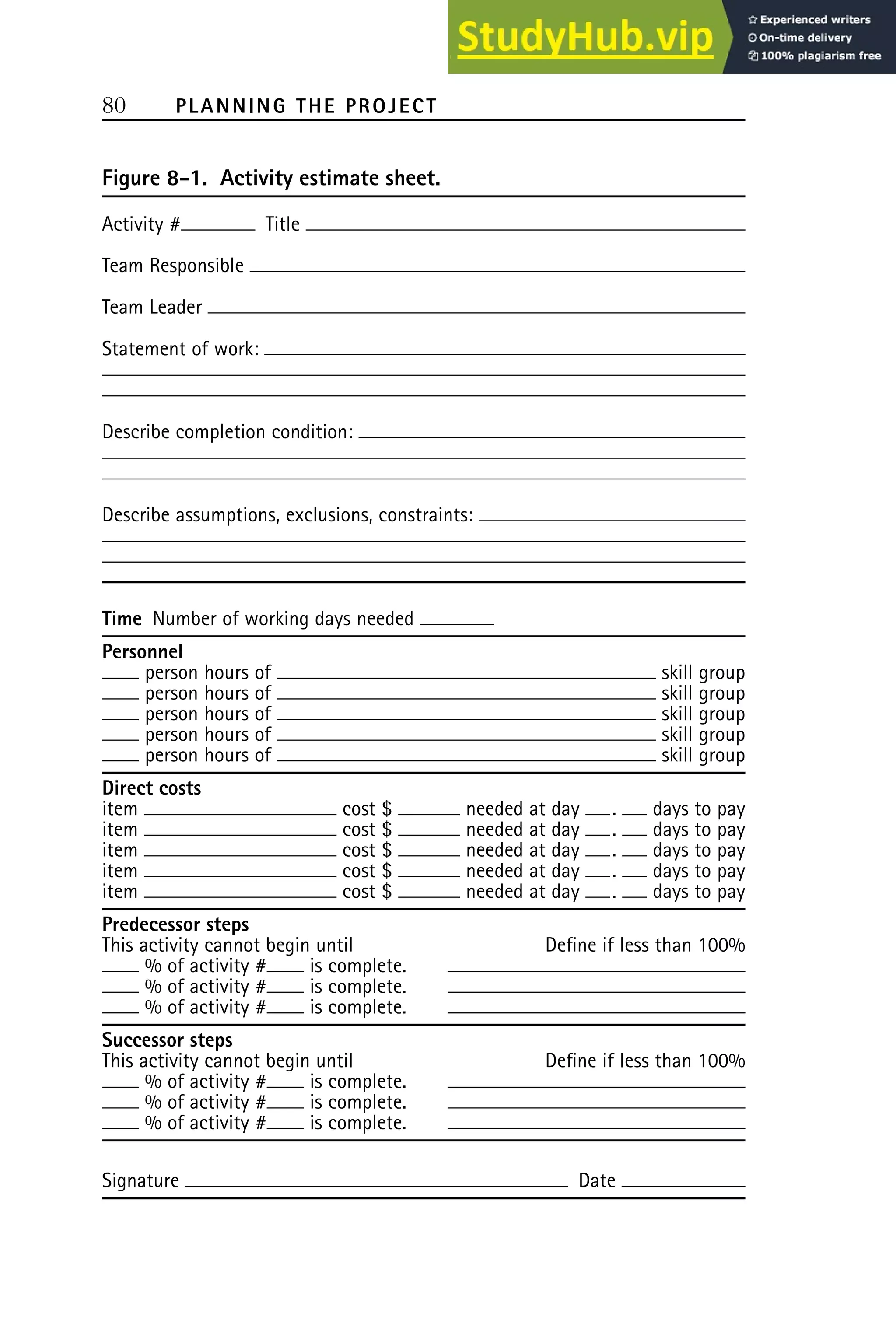 80 PLANNING THE PROJECT
Figure 8-1. Activity estimate sheet.
Activity # Title
Team Responsible
Team Leader
Statement of work:
Describe completion condition:
Describe assumptions, exclusions, constraints:
Time Number of working days needed
Personnel
person hours of skill group
person hours of skill group
person hours of skill group
person hours of skill group
person hours of skill group
Direct costs
item cost $ needed at day . days to pay
item cost $ needed at day . days to pay
item cost $ needed at day . days to pay
item cost $ needed at day . days to pay
item cost $ needed at day . days to pay
Predecessor steps
This activity cannot begin until Define if less than 100%
% of activity # is complete.
% of activity # is complete.
% of activity # is complete.
Successor steps
This activity cannot begin until Define if less than 100%
% of activity # is complete.
% of activity # is complete.
% of activity # is complete.
Signature Date
 