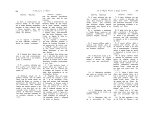 254                   A Maçonaria no Brasil                                            XI. O Maçon Perante a Igreja Católica            255

      Doutrina   Maçônica:                 Doutrina Católica:                   Doutrina   Maçônica:             Doutrina   Católica:
                                   com sua paternal Providência
                                                                           7) O meio ambiente em que          7) O meio ambiente em que
                                   vela sobre cada uma de suas
                                                                        vive e respira o indivíduo hu-     vive e respira o indivíduo hu-
                                   criaturas.
                                                                        mano deve manter-se rigorosa-      mano deve estar impregnado
  2) Para o conhecimento da            2) Para o conhecimento da        mente neutro, sem hostilizar       dos princípios religiosos e mo-
natureza íntima do Ser Supre-      natureza íntima do Ser Supre-        nem favorecer religião alguma      rais certamente revelados e or-
mo a razão humana permanece        mo a razão humana, entregue          determinada, nem mesmo a re-       denados por Deus.
entregue às suas próprias luzes    apenas às suas próprias luzes        ligião cristã.
e forças naturais; pois não        e forças naturais, é radicalmen-
consta que Deus se tenha re-       te insuficiente; foi por isso que       8) A sociedade e mormente          8) O ideal seria que a socie-
velado aos homens.                 o próprio Deus, principalmente       o Estado devem manter-se ofi-      dade e mormente o Estado des-
                                   por Seu Filho Unigênito, Jesus       cialmente indiferentes perante     sem oficialmente aos cidadãos
                                   Cristo, Se dignou de falar so-       qualquer religião concreta.        os meios e as facilidades de
                                   bre Si aos homens.                                                      passarem sua vida inteiramen-
  3) E' sagrado e inviolável,          3) E' sagrado e inviolável,                                         te segundo as leis e prescrições
em todo indivíduo humano, o        em todo indivíduo humano, o                                             de Deus.
direito de pensar livremente.      direito de orientar livremente o       9) O ensino público, dado e         9) O ensino público, dado e
                                   seu pensamento de acordo com         mantido pelo Estado, deve ser      mantido pelo Estado, não po-
                                   a realidade objetiva preexisten-     absolutamente leigo ou neutro      de abstrair de Deus e de Suas
                                   te; não, porém, contra esta rea-     em assuntos religiosos.            leis e determinações. Concreta-
                                    lidade, porquanto o erro não                                           mente, o ensino leigo ou neutro
                                    tem direitos.                                                          é impossível e resvala para o
  4) O homem deve dirigir seus         4) O homem deve dirigir seus                                        ateísmo.
atos e sua vida exclusivamen-       atos e sua vida de acordo com          10) A Maçonaria aceita e de-       10) A Igreja Católica aceita
te de acordo com a sua própria      a sua própria consciência e, so-    fende os elementos da religião     e defende os elementos verda-
razão e consciência.                bretudo, de acordo com os man-      natural e abstrai da religião      deiros da religião natural e
                                    damentos revelados positivamen-     cristã, mas sem hostilizá-la.      abraça com amor e gratidão a
                                    te por Deus.                                                           religião cristã, sabendo ser im-
  5) E' o próprio indivíduo que         5) E' em primeiro lugar o                                          possível permanecer indiferente
deve regular suas relações com      próprio Deus que regula o mo-                                          perante Cristo: "Quem não for
o Ser Supremo, o modo como           do como deve ser cultuado pe-                                         por mim, será contra mim" (Lc
cultuá-1'O.                          lo homem, sua criatura; e o ho-                                       11, 23).
                                     mem deve acomodar-se às de-          11) A Maçonaria reconhece           11) A Igreja Católica reco-
                                     terminações divinas.               que todas as religiões são boas    nhece que, perante Deus, só é
    6) Qualquer coação ou in-           6) Ninguém deve ser coagi-      e iguais perante Deus.             boa e aceitável a religião ensi-
fluência externa, seja de ordem      do contra sua vontade a abra-                                         nada pelo próprio Deus, me
física, seja de ordem moral, no      çar a fé na Revelação Cristã;                                         diante Cristo Jesus. "Nem to-
sentido de dirigir ou orientar o     mas pelo ensino, pela educação                                        do aquele que me disser: Se-
pensamento do indivíduo, deve        e formação, o homem pode e                                            nhor! Senhor! entrará no reino
ser considerado como atentado        deve ser influenciado e melho-                                        dos céus; mas somente aquele
contra um direito natural e sa-      rado por outros; e isso não só                                        que fizer a vontade de meu Pai
grado e por isso deve ser de-        não é violência alguma, ou in-                                        celeste" (Mt 7, 21).
nunciado como violência e in-        justiça, mas é excelente obra        12) A Maçonaria não exige           12) "Quem crer e for bati-
justiça. A Maçonaria considera       de caridade cristã. A Igreja Ca-   a necessidade da fé cristã e do    zado, será salvo; mas quem não
seu dever principal combater es-     tólica considera seu dever prin-   batismo cristão.                   crer será condenado" (Mt 16,
ta violência, ambição e fana-        cipal trabalhar na instrução e                                        16).
 tismo.                               na educação moral e religiosa          13) A Maçonaria não exi-         13) "Se não comerdes a car-
                                     de todos os homens.                ge     a necessidade de "comer     ne do Filho do Homem e não
 