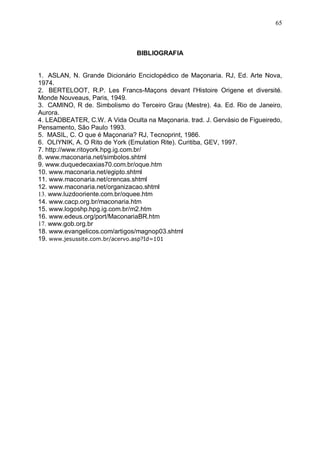 65

BIBLIOGRAFIA
1. ASLAN, N. Grande Dicionário Enciclopédico de Maçonaria. RJ, Ed. Arte Nova,
1974.
2. BERTELOOT, R.P. Les Francs-Maçons devant l'Histoire Origene et diversité.
Monde Nouveaus, Paris, 1949.
3. CAMINO, R de. Simbolismo do Terceiro Grau (Mestre). 4a. Ed. Rio de Janeiro,
Aurora.
4. LEADBEATER, C.W. A Vida Oculta na Maçonaria. trad. J. Gervásio de Figueiredo,
Pensamento, São Paulo 1993.
5. MASIL, C. O que é Maçonaria? RJ, Tecnoprint, 1986.
6. OLIYNIK, A. O Rito de York (Emulation Rite). Curitiba, GEV, 1997.
7. http://www.ritoyork.hpg.ig.com.br/
8. www.maconaria.net/simbolos.shtml
9. www.duquedecaxias70.com.br/oque.htm
10. www.maconaria.net/egipto.shtml
11. www.maconaria.net/crencas.shtml
12. www.maconaria.net/organizacao.shtml
13. www.luzdooriente.com.br/oquee.htm
14. www.cacp.org.br/maconaria.htm
15. www.logoshp.hpg.ig.com.br/m2.htm
16. www.edeus.org/port/MaconariaBR.htm
17. www.gob.org.br
18. www.evangelicos.com/artigos/magnop03.shtml
19. www.jesussite.com.br/acervo.asp?Id=101

 