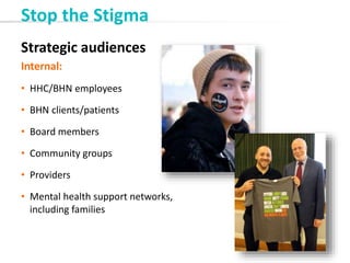 Stop the Stigma
Strategic audiences
Internal:
• HHC/BHN employees
• BHN clients/patients
• Board members
• Community groups
• Providers
• Mental health support networks,
including families
 