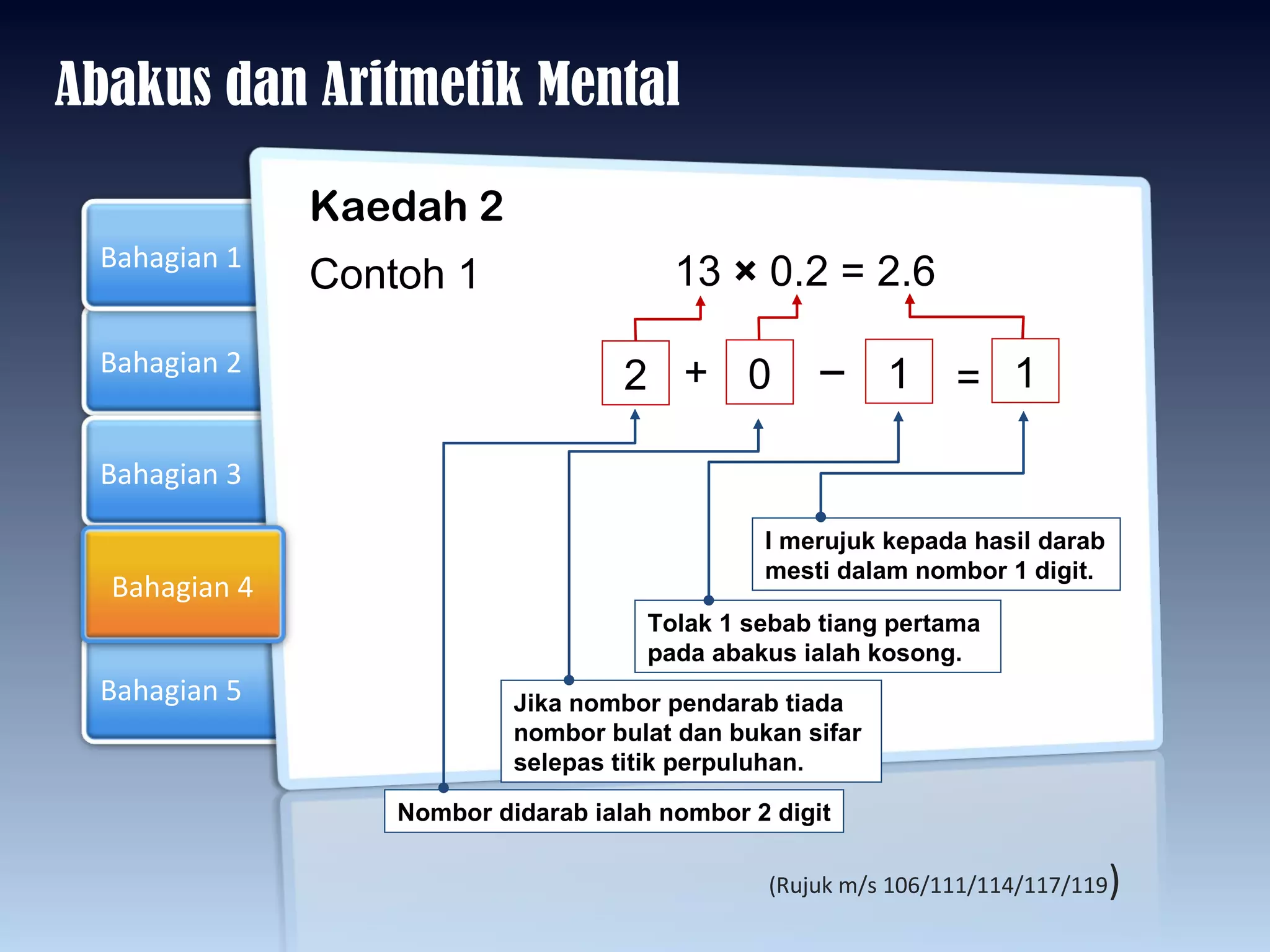 Abakus dan Aritmetik Mental Kaedah 2 Contoh 1 13  ×  0.2 = 2.6 Nombor didarab ialah nombor 2 digit Jika nombor pendarab tiada nombor bulat dan bukan sifar selepas titik perpuluhan.  Tolak 1 sebab tiang pertama pada abakus ialah kosong. I merujuk kepada hasil darab mesti dalam nombor 1 digit. 2 + 0 1 = 1 (Rujuk m/s 106/111/114/117/119 ) Bahagian 2 Bahagian 3 Bahagian 1 Bahagian 5 Bahagian 4 