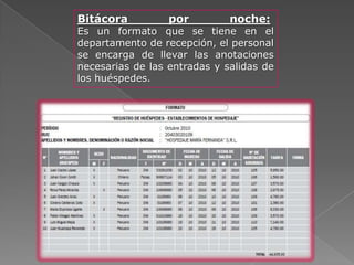 Bitácora          por         noche:
Es un formato que se tiene en el
departamento de recepción, el personal
se encarga de llevar las anotaciones
necesarias de las entradas y salidas de
los huéspedes.
 