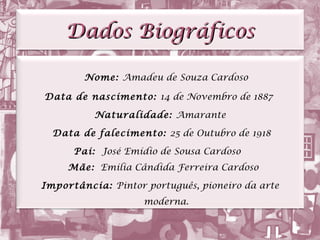Dados Biográficos Nome:  Amadeu de Souza Cardoso Data de nascimento:  14 de Novembro de 1887  Naturalidade:  Amarante Data...