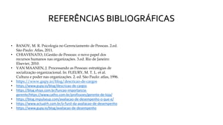 • BANOV, M. R. Psicologia no Gerenciamento de Pessoas. 2.ed.
São Paulo: Atlas, 2011.
• CHIAVENATO, I.Gestão de Pessoas: o novo papel dos
recursos humanos nas organizações. 3.ed. Rio de Janeiro:
Elsevier, 2010.
• VAN MAANEN, J. Processando as Pessoas: estratégias de
socialização organizacional. In: FLEURY, M. T. L. et al.
Cultura e poder nas organizações. 2. ed. São Paulo: atlas, 1996.
• https://www.gupy.io/blog/descricao-de-cargos
• https://www.gupy.io/blog/descricao-de-cargos
• https://blog.vhsys.com.br/funcao-importancia-
gerente/https://www.catho.com.br/profissoes/gerente-de-loja/
• https://blog.impulseup.com/avaliacao-de-desempenho-o-que-e/
• https://www.actualrh.com.br/o-funil-da-avaliacao-de-desempenho
• https://www.gupy.io/blog/avaliacao-de-desempenho
REFERÊNCIAS BIBLIOGRÁFICAS
 