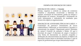 EXEMPLO DE DESCRIÇÃO DE CARGO
DESCRIÇÃO DE CARGO —> Gerente
Planeja, organiza e controla as rotinas de comércios
varejistas e atacadistas, envolvendo a liderança de
equipes, arrumação de mercadorias, gestão de estoque e
programação de compras. Acompanha o fechamento de
caixa, faturamento e indicadores de resultados para
alcance dos objetivos organizacionais.
DESCRIÇÃO DE ATIVIDADES TÍPICAS DO CARGO : •
Contratação de pessoas;• Treinamento de novos
colaboradores;• Motivação os funcionários;• Incentivo à
comunicação da equipe;• Organização geral;• Definição
de metas;• Controle de entradas e Saídas •O que é
descrição de cargo• A descrição de cargos e funções é
uma forma de documentar as posições ocupadas e
atribuições de cada funcionário da empresa. O objetivo da
descrição é tornar claras as atividades exercidas e o que se
espera do profissional que ocupe determinada função.
 