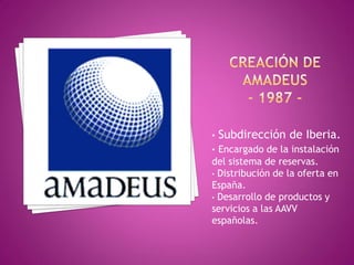 •   Subdirección de Iberia.
• Encargado de la instalación
del sistema de reservas.
• Distribución de la oferta en
España.
• Desarrollo de productos y
servicios a las AAVV
españolas.
 