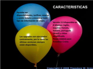 CARACTERISTICAS
Permite ver
disponibilidades, tarificar, reserva
r, emitir tickets y encontrar todo
tipo de información de viajes.
Los upgrades son ejecutados
centralmente, por lo tanto las
últimas versiones siempre
están disponibles.
Versión 2.0 disponible en
6 idiomas: inglés,
español, francés,
italiano, portugués
(Brasil) y chino
simplificado.
Posee módulo para
Amadeus Cruise.
 