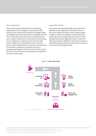 The always-connected traveller: How mobile will transform the future of air travel 29




Voice recognition                                                                  Augmented reality
Little evidence was found that any airline is anticipating                         Some airlines view augmented reality as gimmicky and not
widespread use of voice recognition as part of their mobile                        applicable to airline applications whilst other airlines are
offering. General mobile trends may alter this strategy as Apple                   investing in augmented reality as a way to help passengers
and Google embrace voice enabled search. With Apple’s purchase                     navigate the airport. The acceptance of augmented reality
of Siri in 20106 and recent news reports of a relationship with                    by passengers will ultimately dictate which vision is correct.
voice recognition leader Nuance7, the company is clearly looking                   Passengers will embrace augmented reality if it helps their
at voice recognition as a major way to interact with mobile                        efficiency and provides added value. The overall acceptance of
devices. Google is also investing heavily in voice interactive                     augmented reality by mobile users will also have an impact on
search. As these initiatives become mainstream, voice interaction                  the value of this technology for travel.
for airline apps, may become a competitive necessity. A
passenger may simply ask “show me the location of the nearest
club room” and an interactive map will appear directing them to
the nearest airport lounge.




                                                                       Figure 13 NFC at the airport




                                       Boarding

                                                          Interactive                                                Mobile
                                                                 ads                                                 coupons



                                                             Social                                                  Mobile
                                                         networking                                                  payments




                                                         Automated                                                   Self-service
                                                           check-in                                                  baggage drop

                                                                                          Airport
                                                                                         entrance




                                     Source: Travel Tech Consulting, Inc.       Public transportation




6 Frommer, Dan Apple Buys Siri, A Mobile Assistant App, As War With Google Heats Up April 28, 2011
  http://www.businessinsider.com/apple-buys-siri-a-mobile-assistant-app-as-war-with-google-heats-up-2010-4
7 Siegler,	MG			May	5,	2011	Tech	Crunch	http://techcrunch.com/2011/05/06/apple-nuance-ios-siri/
 