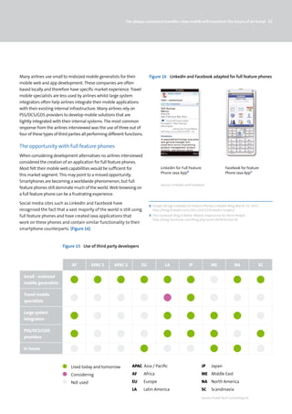 The always-connected traveller: How mobile will transform the future of air travel 31




Many airlines use small to midsized mobile generalists for their             Figure 16 LinkedIn and Facebook adapted for full feature phones
mobile web and app development. These companies are often
based locally and therefore have specific market experience. Travel
mobile specialists are less used by airlines whilst large system
integrators often help airlines integrate their mobile applications
with their existing internal infrastructure. Many airlines rely on
PSS/DCS/GDS providers to develop mobile solutions that are
tightly integrated with their internal systems. The most common
response from the airlines interviewed was the use of three out of
four of these types of third parties all performing different functions.

The opportunity with full feature phones
When considering development alternatives no airlines interviewed
considered the creation of an application for full feature phones.
Most felt their mobile web capabilities would be sufficient for                     LinkedIn for Full Feature                   Facebook for Feature
                                                                                    Phone Java App8                             Phone Java App9
this market segment. This may point to a missed opportunity.
Smartphones are becoming a worldwide phenomenon, but full
                                                                                    Source: LinkedIn and Facebook
feature phones still dominate much of the world. Web browsing on
a full feature phone can be a frustrating experience.

Social media sites such as LinkedIn and Facebook have
                                                                             8 Snaptu Brings LinkedIn to Feature Phones LinkedIn Blog March 15, 2011
recognised the fact that a vast majority of the world is still using           http://blog.linkedin.com/2011/03/15/linkedin-snaptu/
full feature phones and have created Java applications that                  9 The	Facebook	Blog	A	Better	Mobile	Experience	for	More	People	
                                                                               http://blog.facebook.com/blog.php?post=483824142130
work on these phones and contain similar functionality to their
smartphone counterparts. (Figure 16)


                         Figure 15 Use of third party developers



                              AF         APAC 1        APAC 2          EU              LA             JP              ME               NA            SC

  Small - midsized
  mobile generalists

  Travel mobile
  specialists

  Large system
  integrators

  PSS/DCS/GDS
  providers

  In house



                              Used today and tomorrow            APAC Asia / Pacific                            JP    Japan
                              Considering                        AF        Africa                               ME Middle East
                              Not used                           EU        Europe                               NA North America
                                                                 LA        Latin America                        SC    Scandinavia
                                                                                                                Source:Travel Tech Consulting Inc.
 