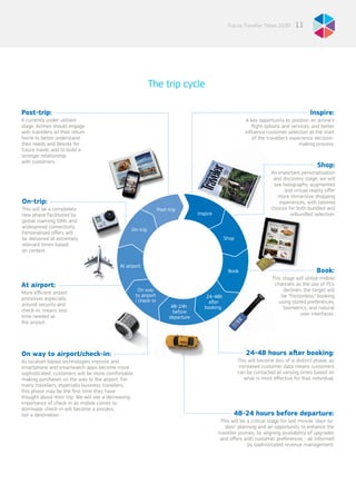 11Future Traveller Tribes 2030
The trip cycle
Inspire:
A key opportunity to position an airline’s
flight options and services, and better
influence customer selection at the start
of the traveller’s experience decision-
making process.
Shop:
An important personalisation
and discovery stage; we will
see holography, augmented
and virtual reality offer
more immersive shopping
experiences, with tailored
choices for both bundled and
unbundled selection.
Book:
This stage will utilise mobile
channels as the use of PCs
declines; the target will
be “frictionless” booking
using stored preferences,
biometrics, and natural
user interfaces.
24-48 hours after booking:
This will become less of a distinct phase, as
increased customer data means customers
can be contacted at varying times based on
what is most effective for that individual.
48-24 hours before departure:
This will be a critical stage for last minute ‘door-to-
door’ planning and an opportunity to enhance the
traveller journey, by aligning availability of upgrades
and offers with customer preferences - all informed
by sophisticated revenue management.
At airport:
More efficient airport
processes especially
around security and
check-in, means less
time needed at
the airport.
On-trip:
This will be a completely
new phase facilitated by
global roaming SIMs and
widespread connectivity.
Personalised offers will
be delivered at extremely
relevant times based
on context.
Post-trip:
A currently under-utilised
stage. Airlines should engage
with travellers on their return
home to better understand
their needs and desires for
future travel, and to build a
stronger relationship
with customers.
On way to airport/check-in:
As location-based technologies improve and
smartphone and smartwatch apps become more
sophisticated, customers will be more comfortable
making purchases on the way to the airport. For
many travellers, especially business travellers,
this phase may be the first time they have
thought about their trip. We will see a decreasing
importance of check-in as mobile comes to
dominate: check-in will become a process,
not a destination.
Book
At airport
On-trip
24-48h
after
booking48-24h
before
departure
On way
to airport
/ check-in
Post-trip
Shop
Inspire
 