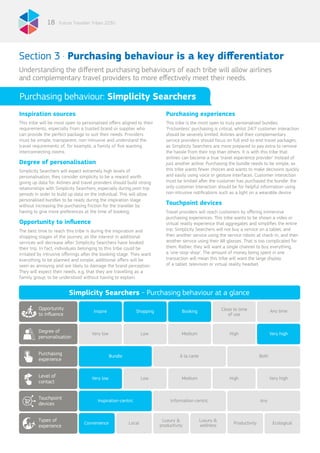 Future Traveller Tribes 203018
Purchasing behaviour: Simplicity Searchers
Inspiration sources
This tribe will be most open to personalised offers aligned to their
requirements, especially from a trusted brand or supplier who
can provide the perfect package to suit their needs. Providers
must be simple, transparent, non-intrusive and understand the
travel requirements of, for example, a family of five wanting
interconnecting rooms.
Degree of personalisation
Simplicity Searchers will expect extremely high levels of
personalisation; they consider simplicity to be a reward worth
giving up data for. Airlines and travel providers should build strong
relationships with Simplicity Searchers, especially during post-trip
periods in order to build up data on the individual. This will allow
personalised bundles to be ready during the inspiration stage
without increasing the purchasing friction for the traveller by
having to give more preferences at the time of booking.
Opportunity to influence
The best time to reach this tribe is during the inspiration and
shopping stages of the journey, as the interest in additional
services will decrease after Simplicity Searchers have booked
their trip. In fact, individuals belonging to this tribe could be
irritated by intrusive offerings after the booking stage. They want
everything to be planned and simple, additional offers will be
seen as annoying and are likely to damage the brand perception.
They will expect their needs, e.g. that they are travelling as a
family group, to be understood without having to explain.
Purchasing experiences
This tribe is the most open to truly personalised bundles.
‘Frictionless’ purchasing is critical, whilst 24/7 customer interaction
should be severely limited. Airlines and their complementary
service providers should focus on full end-to-end travel packages,
as Simplicity Searchers are more prepared to pay extra to remove
the hassle from their trip than others. It is with this tribe that
airlines can become a true ‘travel experience provider’ instead of
just another airline. Purchasing the bundle needs to be simple, as
this tribe wants fewer choices and wants to make decisions quickly
and easily using voice or gesture interfaces. Customer interaction
must be limited after the customer has purchased the bundle: the
only customer interaction should be for helpful information using
non-intrusive notifications such as a light on a wearable device.
Touchpoint devices
Travel providers will reach customers by offering immersive
purchasing experiences. This tribe wants to be shown a video or
virtual reality experience that aggregates and simplifies the entire
trip. Simplicity Searchers will not buy a service on a tablet, and
then another service using the service robots at check-in, and then
another service using their AR glasses. That is too complicated for
them. Rather, they will want a single channel to buy everything,
a ‘one-stop-shop’. The amount of money being spent in one
transaction will mean this tribe will want the large display
of a tablet, television or virtual reality headset.
Understanding the different purchasing behaviours of each tribe will allow airlines
and complementary travel providers to more effectively meet their needs.
Section 3 . Purchasing behaviour is a key differentiator
Simplicity Searchers - Purchasing behaviour at a glance
Close to time
of use
Inspire Shopping Booking
Bundle À la carte
Very low
Very low
Convenience
Low
Low
Local
Medium
Medium
Luxury &
productivity
High
High
Very high
Very high
Productivity Ecological
Opportunity
to influence
Purchasing
experience
Touchpoint
devices
Degree of
personalisation
Level of
contact
Types of
experience
Any time
Both
Inspiration-centric Information-centric Any
Luxury &
wellness
 