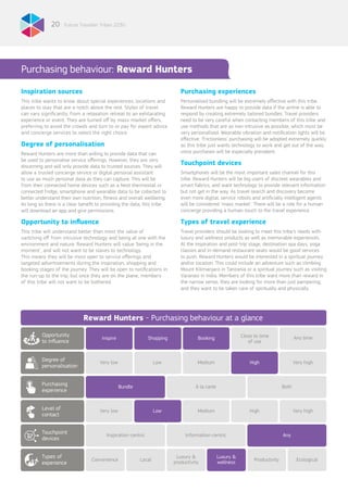 Inspiration sources
This tribe wants to know about special experiences, locations and
places to stay that are a notch above the rest. Styles of travel
can vary significantly, from a relaxation retreat to an exhilarating
experience or event. They are turned off by mass-market offers,
preferring to avoid the crowds and turn to or pay for expert advice
and concierge services to select the right choice.
Degree of personalisation
Reward Hunters are more than willing to provide data that can
be used to personalise service offerings. However, they are very
discerning and will only provide data to trusted sources. They will
allow a trusted concierge service or digital personal assistant
to use as much personal data as they can capture. This will be
from their connected home devices such as a Nest thermostat or
connected fridge, smartphone and wearable data to be collected to
better understand their own nutrition, fitness and overall wellbeing.
As long as there is a clear benefit to providing the data, this tribe
will download an app and give permissions.
Opportunity to influence
This tribe will understand better than most the value of
switching off from intrusive technology and being at one with the
environment and nature. Reward Hunters will value ‘being in the
moment’, and will not want to be slaves to technology.
This means they will be most open to service offerings and
targeted advertisements during the inspiration, shopping and
booking stages of the journey. They will be open to notifications in
the run-up to the trip, but once they are on the plane, members
of this tribe will not want to be bothered.
Purchasing experiences
Personalised bundling will be extremely effective with this tribe.
Reward Hunters are happy to provide data if the airline is able to
respond by creating extremely tailored bundles. Travel providers
need to be very careful when contacting members of this tribe and
use methods that are as non-intrusive as possible, which must be
very personalised. Wearable vibration and notification lights will be
effective. ‘Frictionless’ purchasing will be adopted extremely quickly
as this tribe just wants technology to work and get out of the way;
voice purchases will be especially prevalent.
Touchpoint devices
Smartphones will be the most important sales channel for this
tribe. Reward Hunters will be big users of discreet wearables and
smart fabrics, and want technology to provide relevant information
but not get in the way. As travel search and discovery become
even more digital, service robots and artificially intelligent agents
will be considered ‘mass market’. There will be a role for a human
concierge providing a human-touch to the travel experience.
Types of travel experience
Travel providers should be looking to meet this tribe’s needs with
luxury and wellness products as well as memorable experiences.
At the inspiration and post-trip stage, destination spa days, yoga
classes and in-demand restaurant seats would be good services
to push. Reward Hunters would be interested in a spiritual journey
and/or location. This could include an adventure such as climbing
Mount Kilimanjaro in Tanzania or a spiritual journey such as visiting
Varanasi in India. Members of this tribe want more than reward in
the narrow sense, they are looking for more than just pampering,
and they want to be taken care of spiritually and physically.
Purchasing behaviour: Reward Hunters
Future Traveller Tribes 203020
Reward Hunters - Purchasing behaviour at a glance
Close to time
of use
Inspire Shopping Booking
Bundle À la carte
Very low
Very low
Convenience
Low
Low
Local
Medium
Medium
Luxury &
productivity
High
High
Very high
Very high
Productivity Ecological
Opportunity
to influence
Purchasing
experience
Touchpoint
devices
Degree of
personalisation
Level of
contact
Types of
experience
Any time
Both
Inspiration-centric Information-centric Any
Luxury &
wellness
 