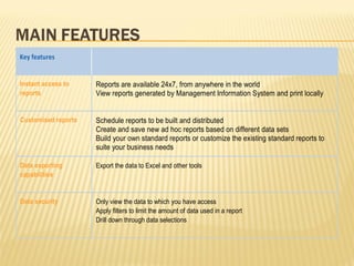 Key features


Instant access to    Reports are available 24x7, from anywhere in the world
reports              View reports generated by Management Information System and print locally


Customised reports   Schedule reports to be built and distributed
                     Create and save new ad hoc reports based on different data sets
                     Build your own standard reports or customize the existing standard reports to
                     suite your business needs

Data exporting       Export the data to Excel and other tools
capabilities


Data security        Only view the data to which you have access
                     Apply filters to limit the amount of data used in a report
                     Drill down through data selections
 