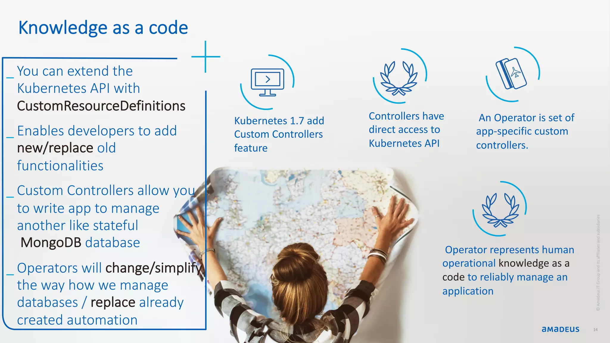 ©AmadeusITGroupanditsaffiliatesandsubsidiaries Knowledge as a code 14 _ You can extend the Kubernetes API with CustomResourceDefinitions _ Enables developers to add new/replace old functionalities _ Custom Controllers allow you to write app to manage another like stateful MongoDB database _ Operators will change/simplify the way how we manage databases / replace already created automation Operator represents human operational knowledge as a code to reliably manage an application Kubernetes 1.7 add Custom Controllers feature An Operator is set of app-specific custom controllers. Controllers have direct access to Kubernetes API 