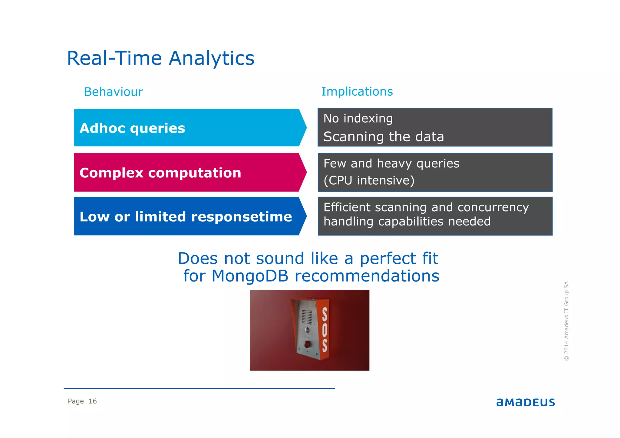 Page 16
©2014AmadeusITGroupSA
No indexing
Scanning the data
Efficient scanning and concurrency
handling capabilities needed
Few and heavy queries
(CPU intensive)
Adhoc queries
Low or limited responsetime
Complex computation
Real-Time Analytics
Behaviour Implications
Does not sound like a perfect fit
for MongoDB recommendations
 