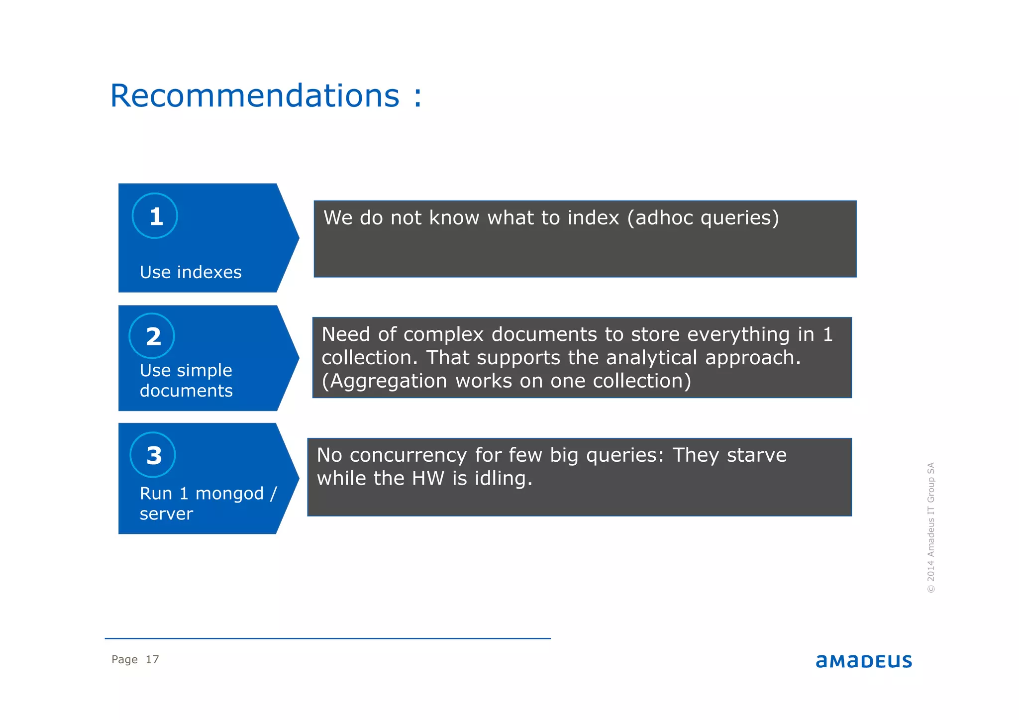 Page 17
Run 1 mongod /
server
Use simple
documents
2
©2014AmadeusITGroupSA
Recommendations :
We do not know what to index (adhoc queries)
Need of complex documents to store everything in 1
collection. That supports the analytical approach.
(Aggregation works on one collection)
No concurrency for few big queries: They starve
while the HW is idling.
Use indexes
1
3
 