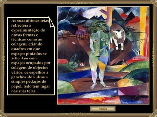 Pintura As suas últimas telas reflectem a experimentação de novas formas e técnicas, como as colagens, criando quadros em que espaços pintados se articulam com espaços ocupados por colagens de objectos vários: de espelhos a ganchos, de vidros a simples pedaços de papel, tudo tem lugar nas suas telas. 