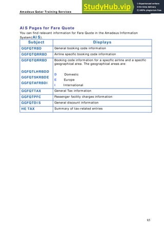 Am adeus Qatar Training Services
I S Pages for Fare Quote
ou can find relevant information for Fare Quote in the Amadeus Information
ct Displays
A
Y
System(AI S).
Subje
GGFQTRBD oking code information
General bo
GGFQTQRRBD cific booking code information
Airline spe
GGFQTQRRBD
GGFQTLHRBDD
GGFQTSKRBDE
GGFQTAFRBDI
Booking code information for a specific airline and a specific
D Domestic
I International
geographical area. The geographical areas are:
E Europe
GGFQTTAX General Tax information
GGFQTPFC Passenger facility charges information
GGFQTDI S General discount information
HE TAX Summary of tax-related entries
85
 
