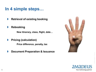 ©2008AmadeusITGroupSA
5
In 4 simple steps…
 Retrieval of existing booking
 Rebooking
New itinerary, class, flight, date…
 Pricing (calculation)
Price difference, penalty, tax
 Document Preparation & Issuance
 