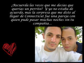 ¿Recuerda las veces que me decías que
querías un perrito? Y yo no estaba de
acuerdo, mas la sorpresa que me diste al
llegar de Connecticut fue una pareja con
quien pude pasar muchas noches sin tu
compañía…

 