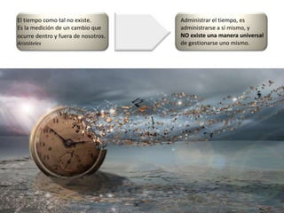 El tiempo como tal no existe.        Administrar el tiempo, es
Es la medición de un cambio que      administrarse a sí mismo, y
ocurre dentro y fuera de nosotros.   NO existe una manera universal
Aristóteles                          de gestionarse uno mismo.
 