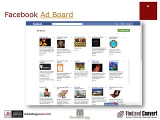 Promoting Your Business PagePost a variety of content to draw a variety of usersRespond to comments Experiment with targetingPost content regularlyPost outside of work hoursUse an image in the post of a blog article on the wall.Encourage likes and shares (widgets)Make exclusive offers Integrate a landing page in Facebook, eg., MailChimpPost video links directly to Facebook so it will play inside Facebook.Indlude a link to your website in the description.Share images. Use Flickr for better analytics. For more interaction post images directly to Facebook. Status updates: Keep it simple. Encourage user generated content. E.g., Gemvara, All Things Jeep page.Help