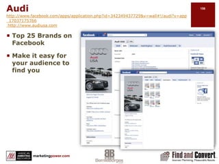 Ciscohttp://www.facebook.com/home.php?#!/Cisco?v=app_120274102075&ref=ts http://www.cisco.comCreate pages for niche audience needsOnline support Career certificationSecurityGeographic locations