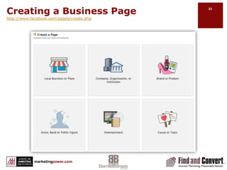 Amplify Recommendation & Word of Mouthhttp://issuu.com/johnpaul/docs/facebook-marketing-best-practices/4Encourage people to Like your pageCreate appealing content, use videoPost early morning and mid/late eveningIntegrate Like (Open API) into all online propertiesUse Ads and Sponsored stories to spread the word Analyze via Insights