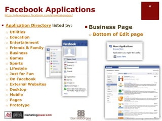 Facebook Marketing: Apps & Plug-Inshttps://developers.facebook.com/showcase/apps/Mixture of free and fee based appsCross-pollinate social media and traditional media venuesUse email, newsletters, direct mail and media to point to social networksFacebook developers -  Facebook Platform Showcase