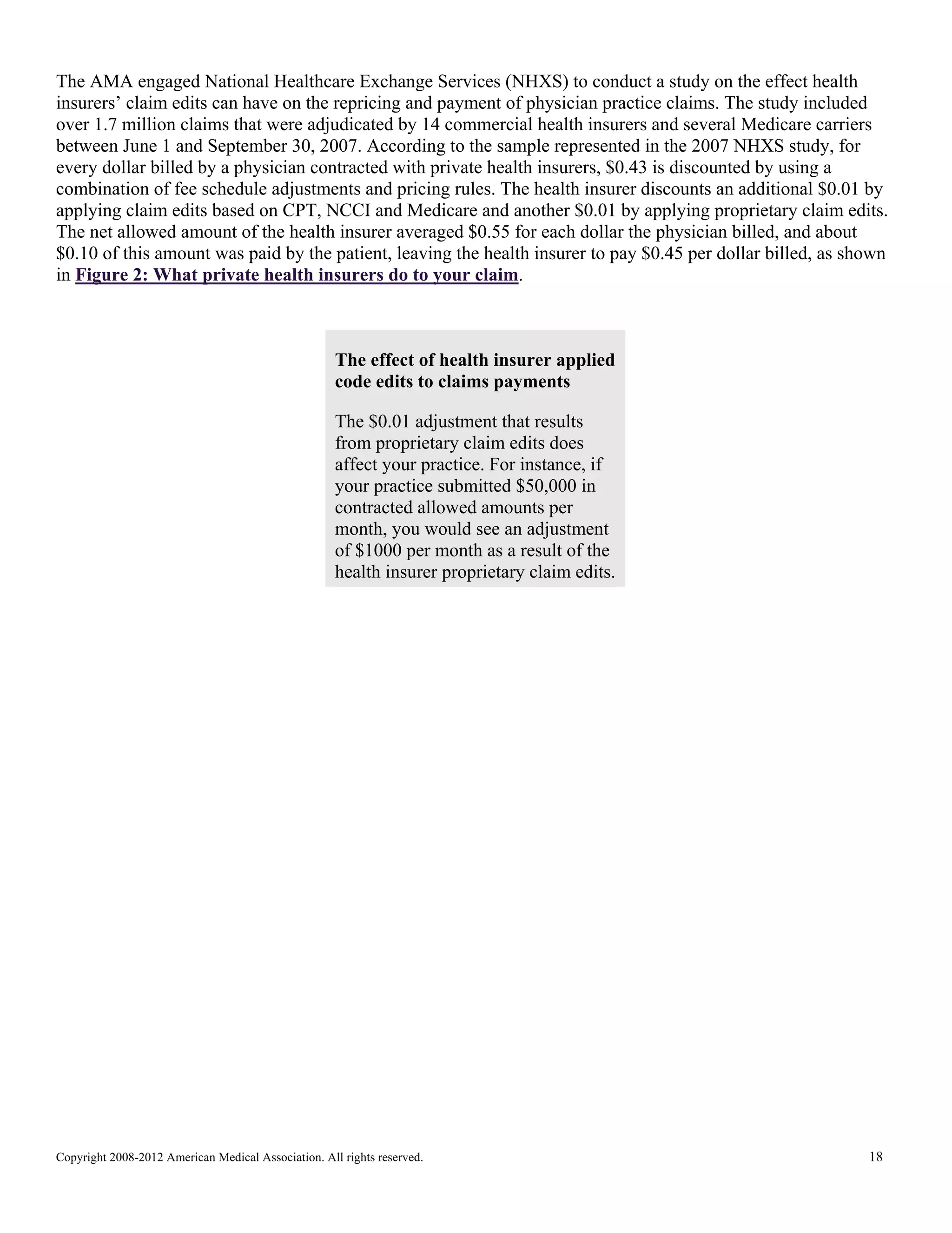 The AMA engaged National Healthcare Exchange Services (NHXS) to conduct a study on the effect health
insurers’ claim edits can have on the repricing and payment of physician practice claims. The study included
over 1.7 million claims that were adjudicated by 14 commercial health insurers and several Medicare carriers
between June 1 and September 30, 2007. According to the sample represented in the 2007 NHXS study, for
every dollar billed by a physician contracted with private health insurers, $0.43 is discounted by using a
combination of fee schedule adjustments and pricing rules. The health insurer discounts an additional $0.01 by
applying claim edits based on CPT, NCCI and Medicare and another $0.01 by applying proprietary claim edits.
The net allowed amount of the health insurer averaged $0.55 for each dollar the physician billed, and about
$0.10 of this amount was paid by the patient, leaving the health insurer to pay $0.45 per dollar billed, as shown
in Figure 2: What private health insurers do to your claim.

The effect of health insurer applied
code edits to claims payments
The $0.01 adjustment that results
from proprietary claim edits does
affect your practice. For instance, if
your practice submitted $50,000 in
contracted allowed amounts per
month, you would see an adjustment
of $1000 per month as a result of the
health insurer proprietary claim edits.

Copyright 2008-2012 American Medical Association. All rights reserved.

18

 